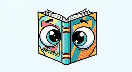 This charming cartoon illustration features an open book with large, expressive eyes and a cheerful demeanor. The book is depicted with vibrant colors and a playful style, making it an engaging visualの素材