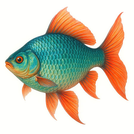 Vibrant Iridescent Fish Illustration with Orange Fins on Whiteの素材