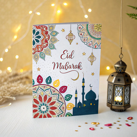 Eid mubarak greeting card with mosque and lantern on bokeh backgroundの素材