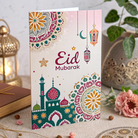 Eid mubarak greeting card with islamic decoration.の素材