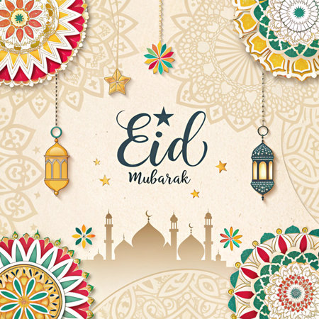 Eid mubarak greeting card with mosque and lanterns. Vector illustration.の素材