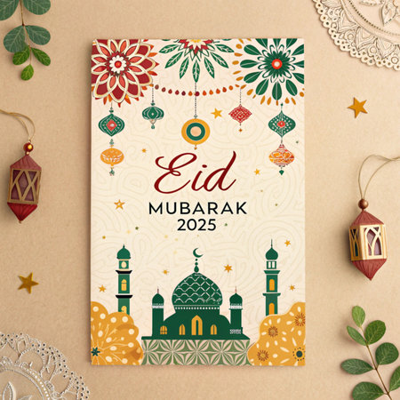 Eid Mubarak greeting card with mosque, arabic lanterns and floral ornament.の素材