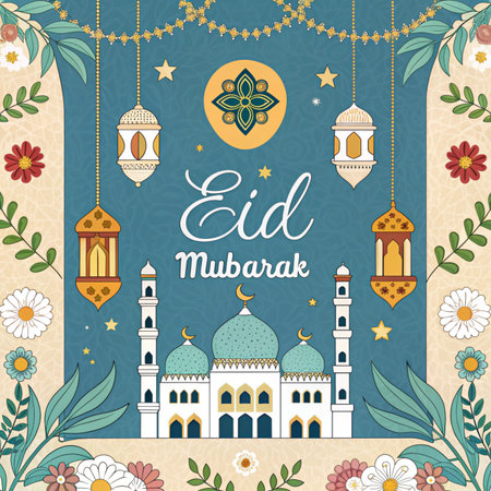 Eid mubarak greeting card with mosque and flowers. Vector illustrationの素材