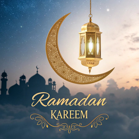 Ramadan Kareem Greeting Card. Ramadan Kareem greeting with golden lantern and crescent moonの素材