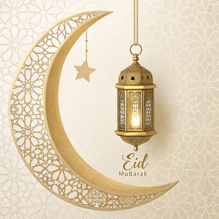 Eid mubarak greeting card with golden lantern and crescent moonの素材