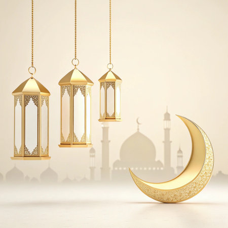 Ramadan Kareem greeting card with golden lanterns and crescent moonの素材
