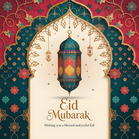 Eid mubarak greeting card with arabic lanterns and oriental patternの素材