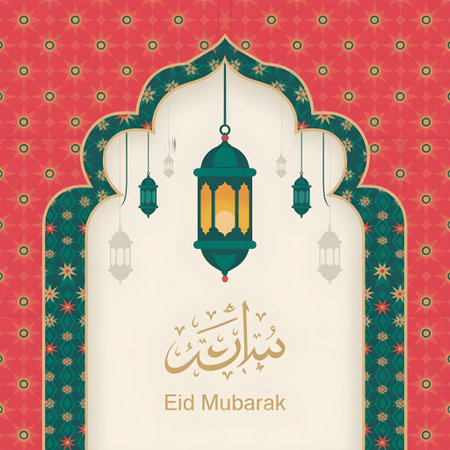 Eid mubarak greeting card with arabic lanternsの素材