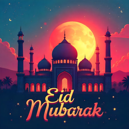 illustration of Eid Mubarak background with mosque and full moon at nightの素材
