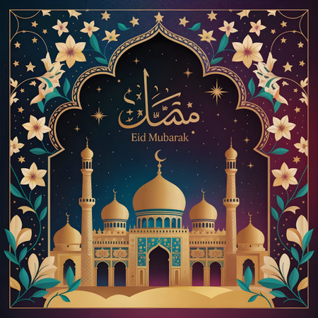 Ramadan Kareem greeting card with mosque and flowers. Vector illustrationの素材