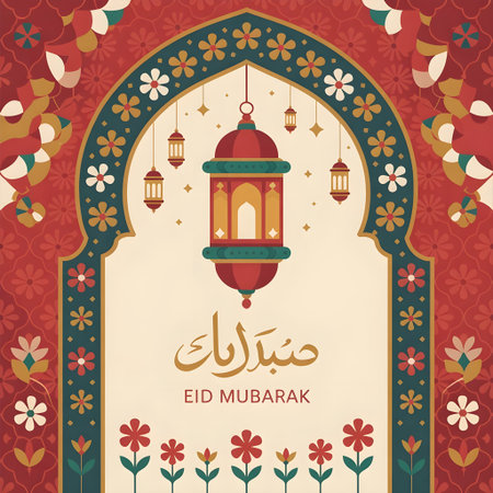 Eid Mubarak greeting card with arabic lanterns and flowersの素材