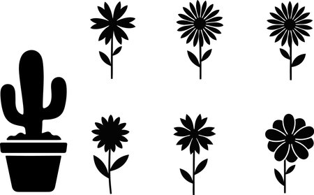 A black silhouette of a potted cactus stands to the left, accompanied by six distinct black silhouette flowers, each with delicate petals and stems, arranged on a plain white background.のイラスト素材