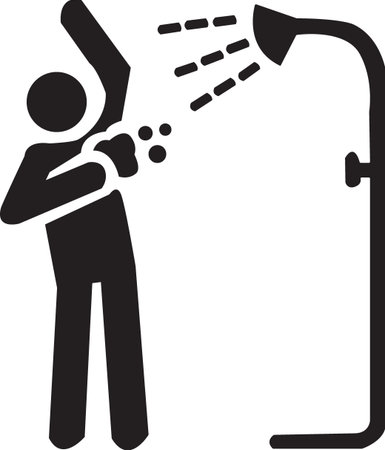 A stylized black icon depicts a person holding a handheld shower head, directing a spray of water. The figure is positioned next to a shower fixture, illustrating the act of showering.のイラスト素材