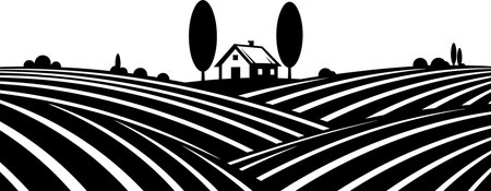 A black and white illustration of a rural landscape featuring undulating, stylized hills with a repeating striped pattern. A small house and scattered trees dot the horizon line.のイラスト素材