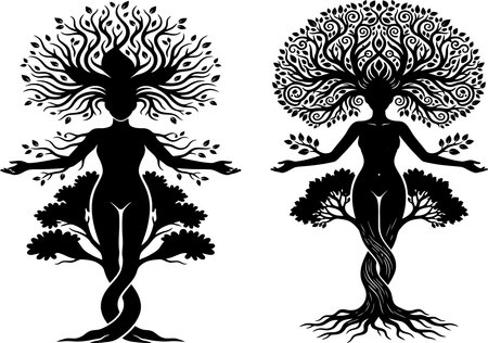 Two stylized female figures are depicted as trees, with branches forming hair and foliage clothing, symbolizing a deep connection to nature.のイラスト素材
