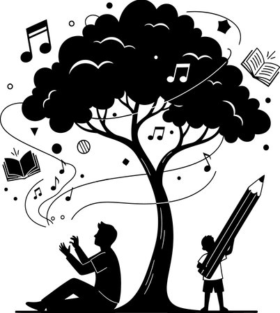 A silhouette of a person sits beneath a tree filled with musical notes and books, symbolizing the power of creative thought.のイラスト素材