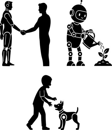 Three distinct silhouette illustrations showcase human robot partnership, a robot caring for a plant, and a child interacting with a dog.のイラスト素材