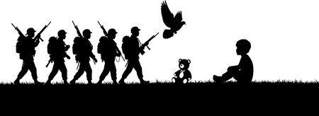 Silhouetted soldiers with rifles march forward, while a child and a seated figure watch a person performing an acrobatic flip.のイラスト素材