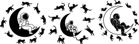 A surreal and imaginative illustration featuring playful cats and astronauts silhouetted against crescent moons and a starry expanse.のイラスト素材