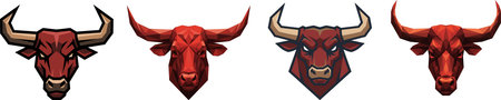 Four distinct, stylized red demonic bull or minotaur head trophies are displayed vertically against a plain white background.のイラスト素材