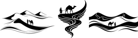 Abstract black ink brush strokes depict rolling desert dunes and distant mountains with small silhouetted figures and a camel.のイラスト素材