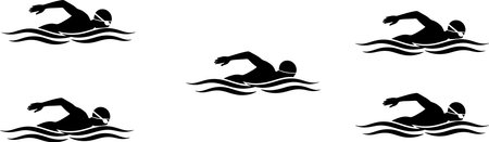 A dynamic composition featuring the black silhouette of swimmers in mid-stroke, surrounded by stylized representations of water waves, capturing the essence of aquatic sport and movement.のイラスト素材