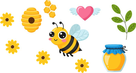 A delightful collection of cartoon elements featuring a cheerful bee, a honeycomb, bright flowers, a leafy branch, and a jar of honey, all set against a clean white backdrop.のイラスト素材