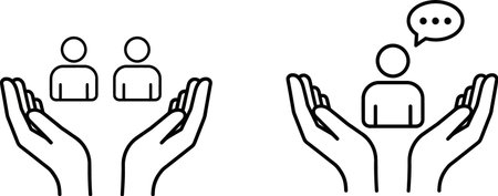 This graphic depicts two distinct scenarios: hands cradling two simple figures, symbolizing group support, and hands holding a single figure with a speech bubble, representing individual communicationのイラスト素材