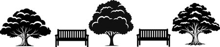 A simple graphic illustration depicting three dark silhouette trees with two park benches positioned between them, creating a serene outdoor scene.のイラスト素材