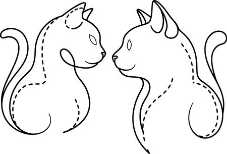 A minimalist graphic illustration featuring two outline drawings of cats facing each other, with dashed lines indicating their forms, set against a white background.のイラスト素材