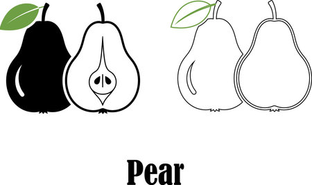 A visual representation of pears, showcasing a whole solid black pear and a halved outlined pear with visible seeds, accompanied by a green leaf, all isolated on white.のイラスト素材