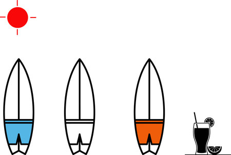 A minimalist graphic illustration featuring three surfboards lined up, each with different colored shorts at the bottom, under a red sun symbol, with a drink on the side.のイラスト素材