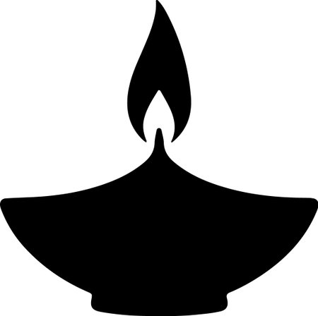 A striking black silhouette of a diya oil lamp, its flame rendered in a minimalist, artistic style.のイラスト素材