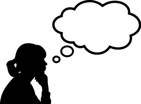 A striking silhouette of a young person contemplating with an empty thought bubble, highlighting the silhouette style.のイラスト素材