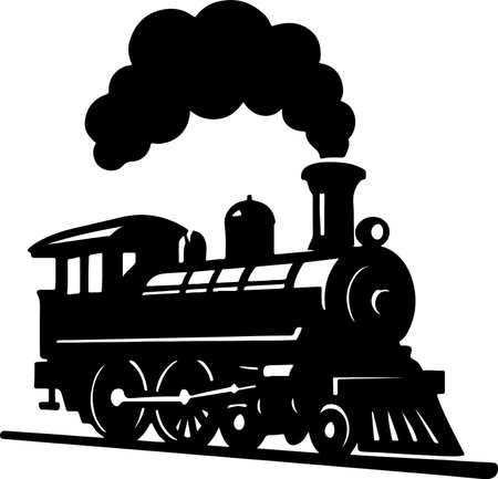 A bold black silhouette of a vintage steam train with billowing smoke, showcasing its iconic design.のイラスト素材