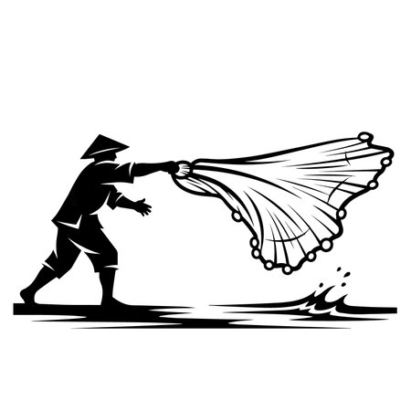 A striking black and white silhouette of a fisherman casting a net, captured in a dynamic action pose.のイラスト素材