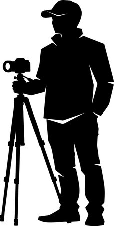 A striking black silhouette of a man wearing a cap and holding a camera on a tripod, ready to shoot.のイラスト素材