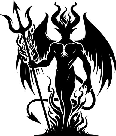 A powerful demon silhouette with fiery horns and wings, holding a trident, stands amidst flames on a transparent background.のイラスト素材