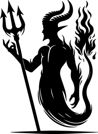 A striking black silhouette of a horned demon holding a trident, with fiery elements, isolated on a transparent background.のイラスト素材