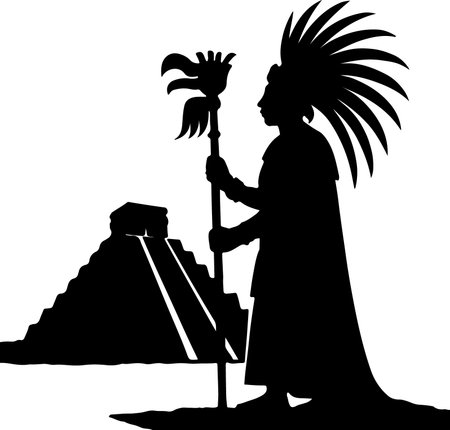 A striking black silhouette of an Aztec warrior with a feathered headdress and staff, standing beside a pyramid, isolated on a transparent background.のイラスト素材
