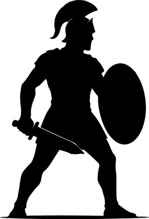 A striking black silhouette of an ancient warrior in armor, wielding a sword and shield, isolated on a transparent background.のイラスト素材