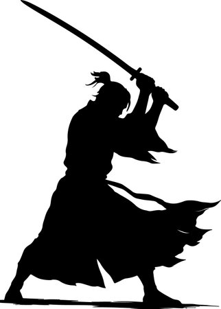 A striking black silhouette of a samurai warrior poised for combat, sword raised high, presented on a transparent background.のイラスト素材
