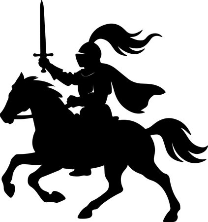 A striking silhouette of a knight on horseback, sword raised in triumph, presented on a transparent background.のイラスト素材
