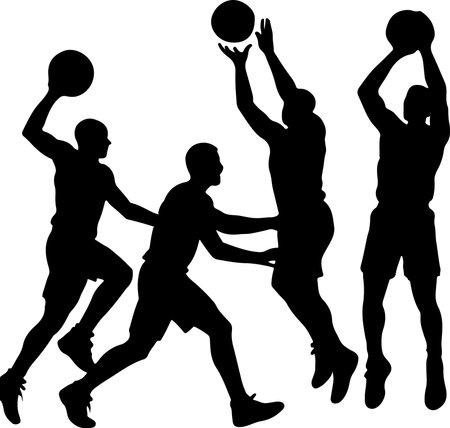 A striking black silhouette captures the energy of a basketball game with players dribbling, jumping, and shooting. The silhouette style emphasizes movement and athleticism.のイラスト素材