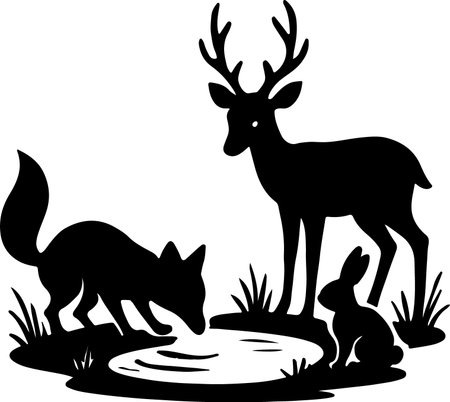 A striking black silhouette depicts a fox, deer, and rabbit gathered around a reflective pool of water, showcasing a peaceful woodland scene in silhouette style.のイラスト素材