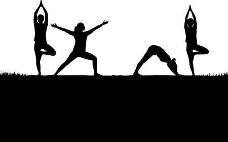A striking silhouette of four women in various yoga poses, set against a bright background with a grassy foreground. The silhouette style emphasizes form and movement.のイラスト素材