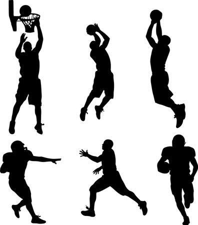 A collection of black silhouettes showcasing athletes in various dynamic poses, capturing the energy of basketball and football action. The silhouette style is a key feature.のイラスト素材