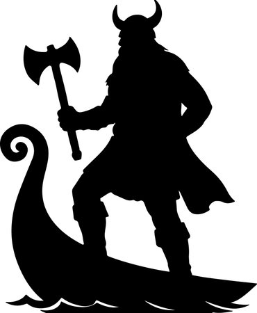 A powerful Viking warrior in silhouette, holding an axe, stands on a longship against a transparent background.のイラスト素材