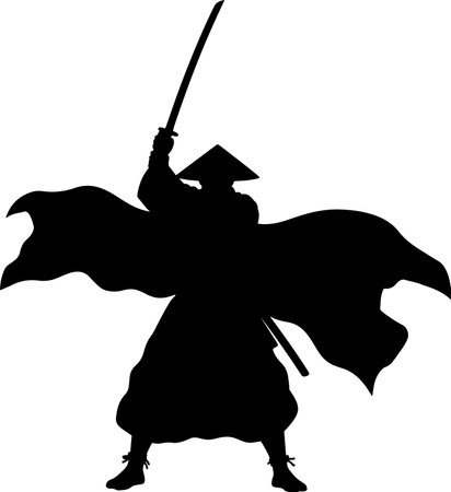 A striking black silhouette of a samurai in a powerful stance, wielding a katana, with a flowing cloak, isolated on a transparent background.のイラスト素材