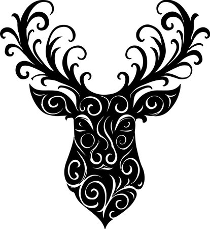 A striking black silhouette of a deer head adorned with intricate swirling filigree patterns on its face and elaborate, curly antlers. The silhouette style highlights the detailed design.のイラスト素材